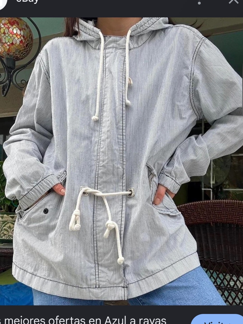 Gap Light Blue Striped Hooded Drawstring Jacket oversized
